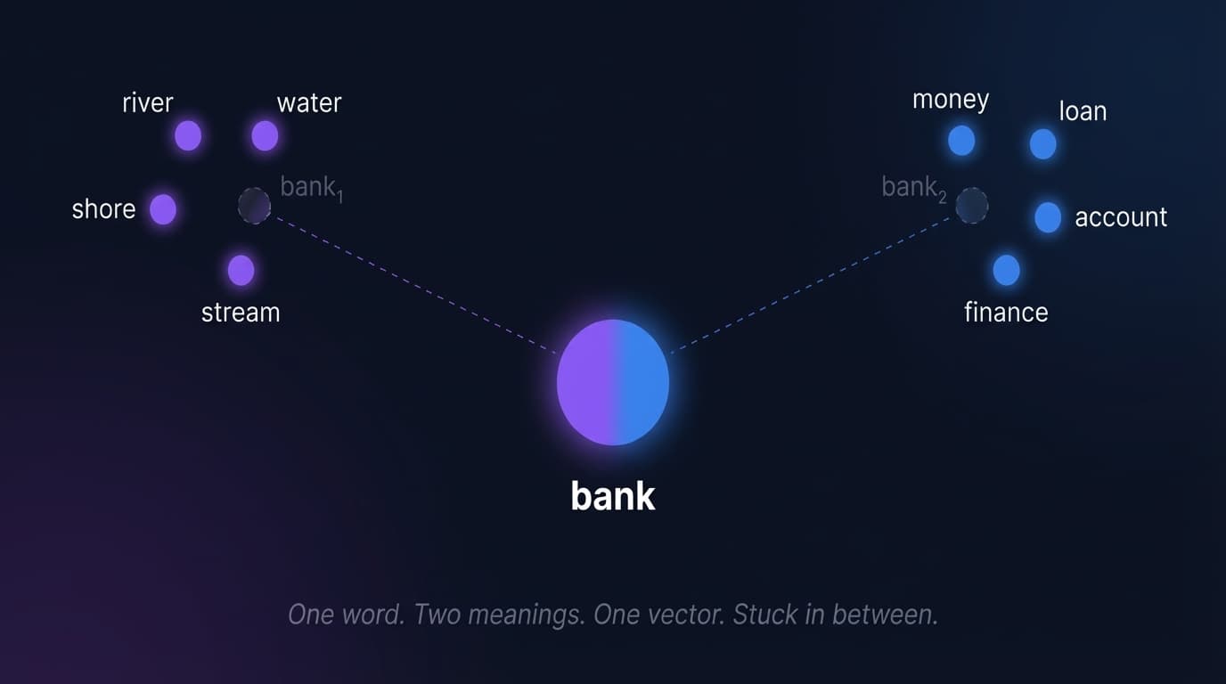 The word 'bank' stuck between river-related words and finance-related words because Word2Vec assigns only one vector per word, unable to capture multiple meanings